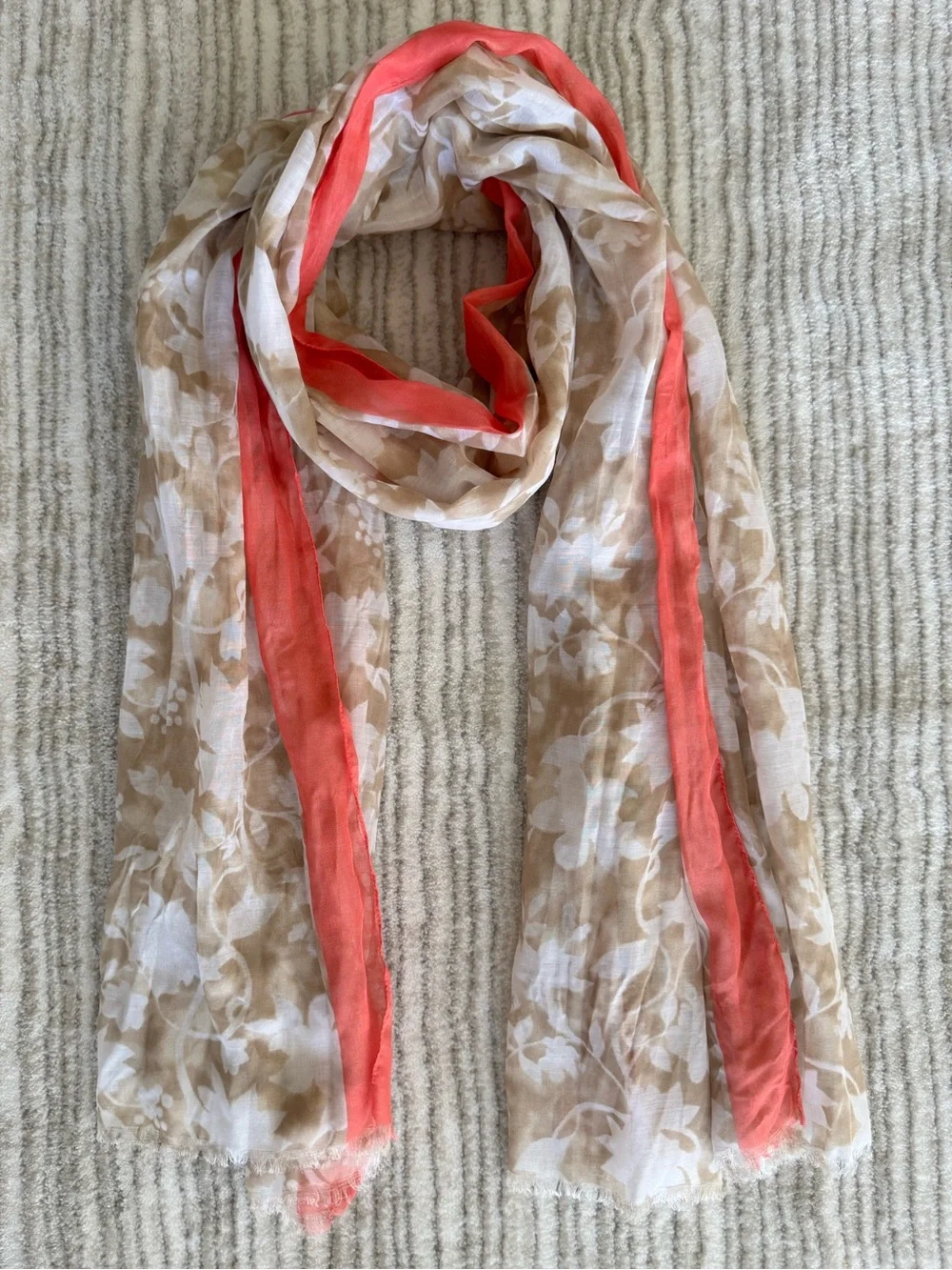 Banana Republic Beige Floral Scarf with Coral Trim